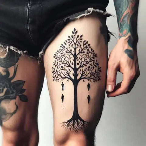 23 Fearless Family Tree Tattoo Ideas 29 Dried Out Family Tree Tattoo On Thigh2