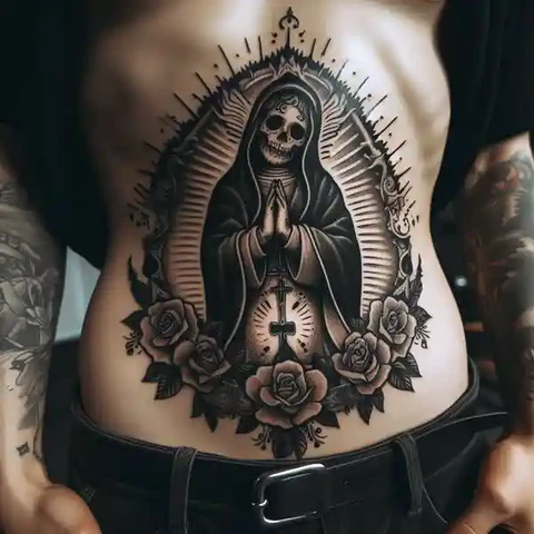 Elegant Santa Muerte Stomach Tattoo With Holy Symbols