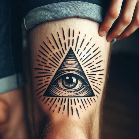 Fineline Above The Knee Illuminati Tattoo