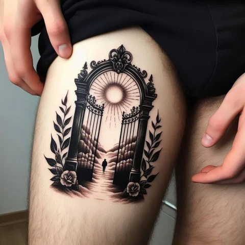 13 Glorious And Meaningful Gates of Heaven Tattoo Ideas 15 Flowery Gates Of Heaven Tattoo On Thigh