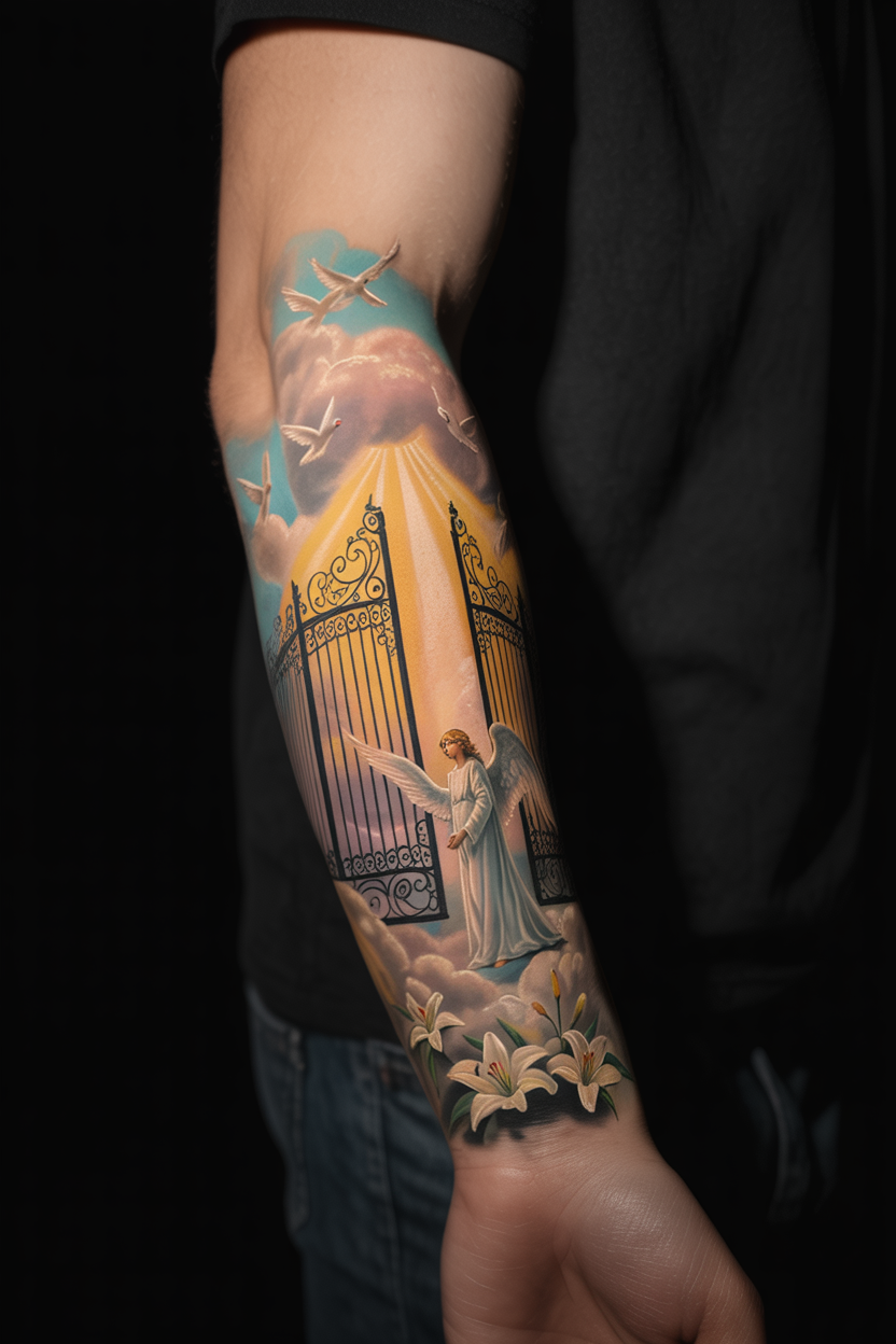 Fulfilling The Dream Ornamental Gates Of Heaven Tattoo On Back