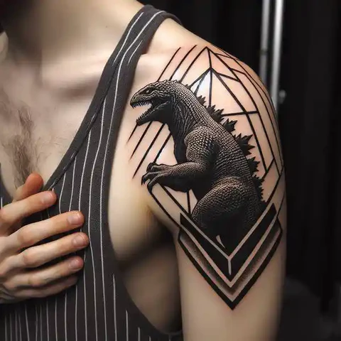Glance Of Crystal Geometric Godzilla Tattoo With Negative Spaces 2