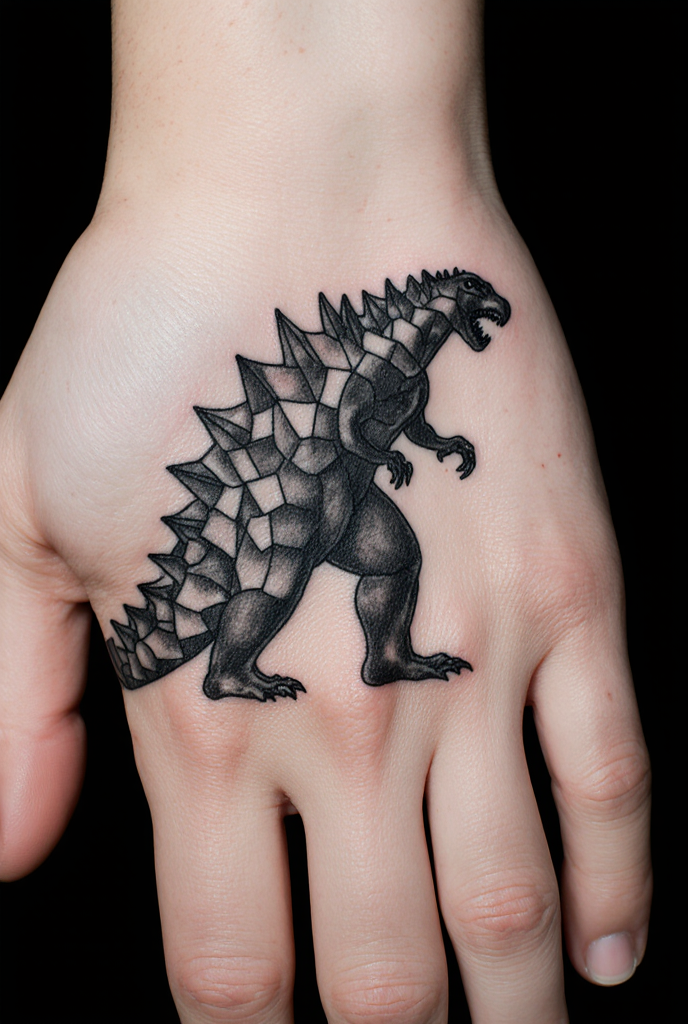 Glance Of Crystal Geometric Godzilla Tattoo With Negative Spaces