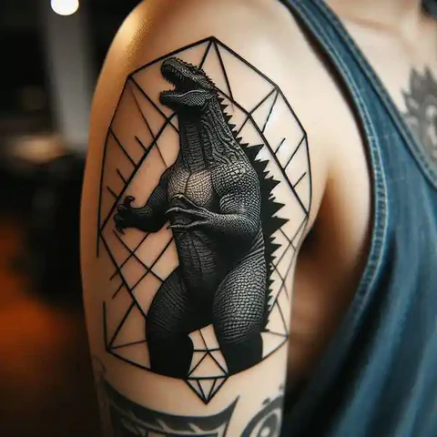 Glance Of Crystal Geometric Godzilla Tattoo With Negative Spaces