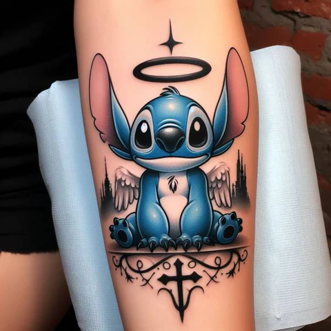 17 Charming Stitch Tattoo Ideas To Stimulate Your Brain! 7 Glimpse Of Divine Presence Radiant Stitch And Angel Tattoo