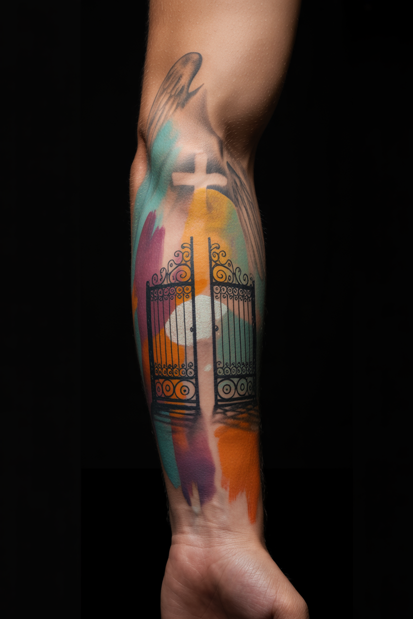 Glimpse Of Nature Flowery Gates Of Heaven Tattoo On Thigh 2