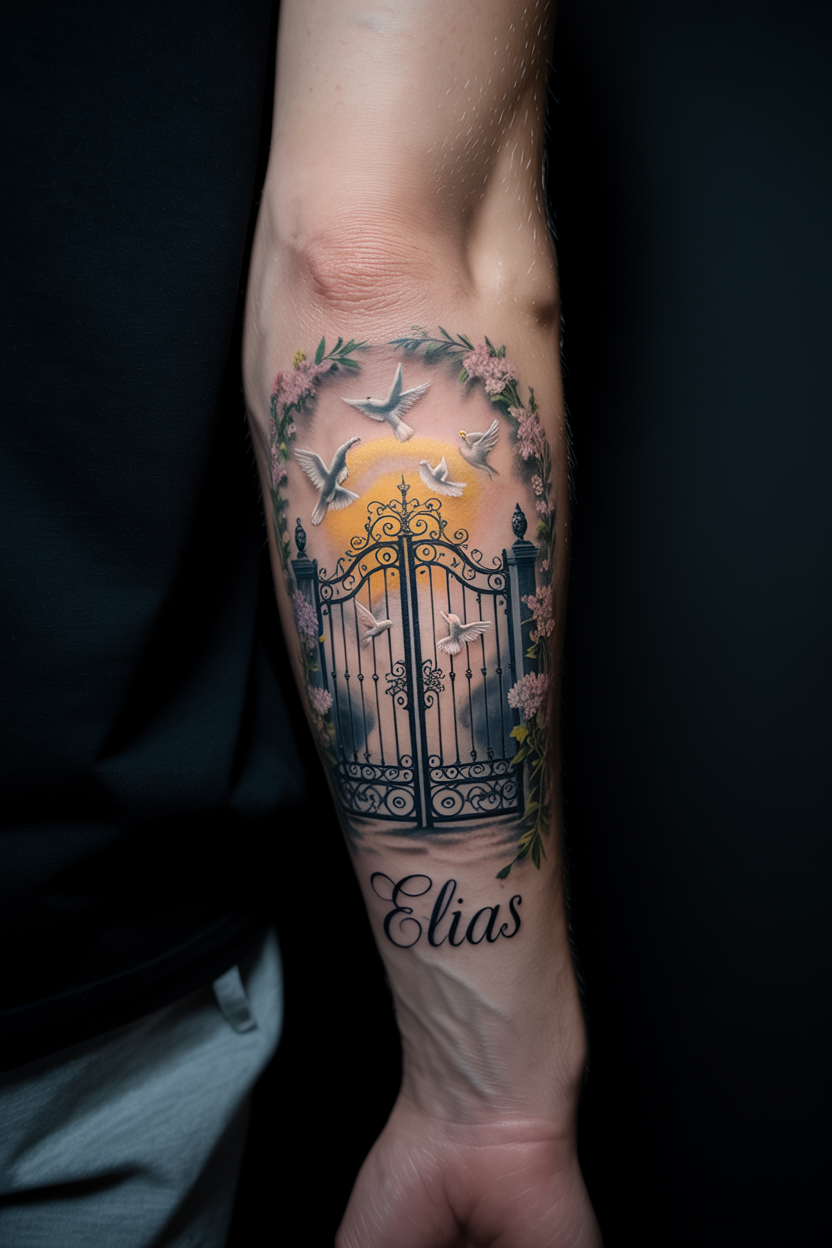 Guidance To Glory Realistic Gates Of Heaven Tattoo On Sleeve 2