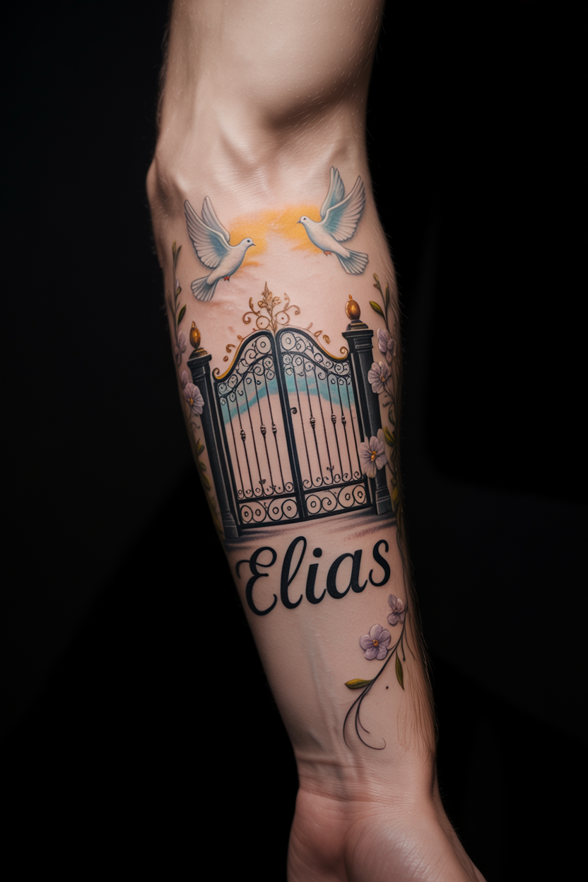 Guidance To Glory Realistic Gates Of Heaven Tattoo On Sleeve