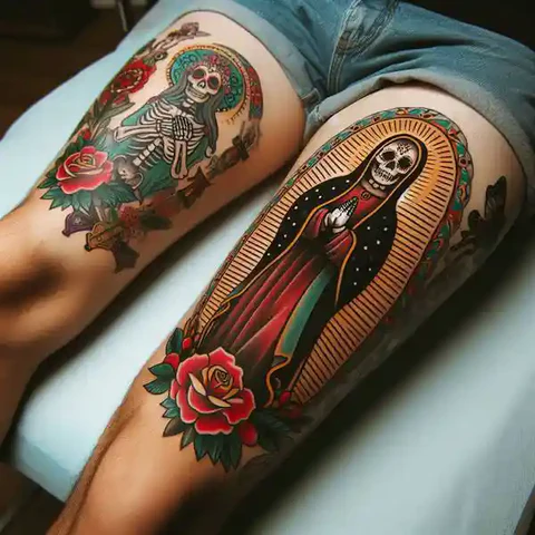 Hearty Santa Muerte Tattoo On Thigh 2