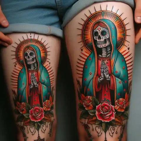 Hearty Santa Muerte Tattoo On Thigh