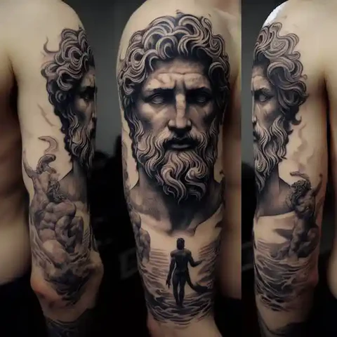 16 Peaceful Poseidon Tattoo Ideas To Control Your Emotions! 3 Horizon Of Monochrome Sophisticated Poseidon Tattoo On Sleeve