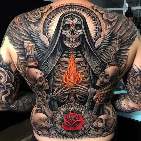 Intricate Santa Muerte Back Tattoo With Motifs Of Death 2