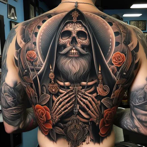 Intricate Santa Muerte Back Tattoo With Motifs Of Death