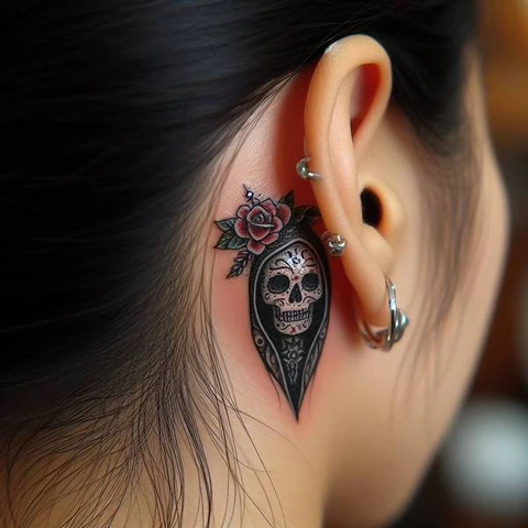 Intricate Santa Muerte Behind The Ear Tattoo