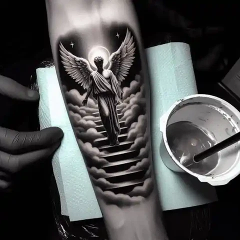 14 Sensational Stairway To Heaven Tattoo Ideas! 8 Majestic Guardian Angel Stairway To Heaven Tattoo 2