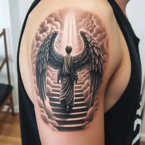 14 Sensational Stairway To Heaven Tattoo Ideas! 7 Majestic Guardian Angel Stairway To Heaven Tattoo
