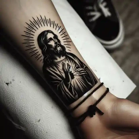 15 Sensational San Judas Tattoo Ideas 7 Monochromatic San Judas Stencil Tattoo With Stylish Lines
