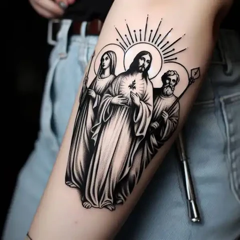 15 Sensational San Judas Tattoo Ideas 8 Monochromatic San Judas Stencil Tattoo With Stylish Lines2