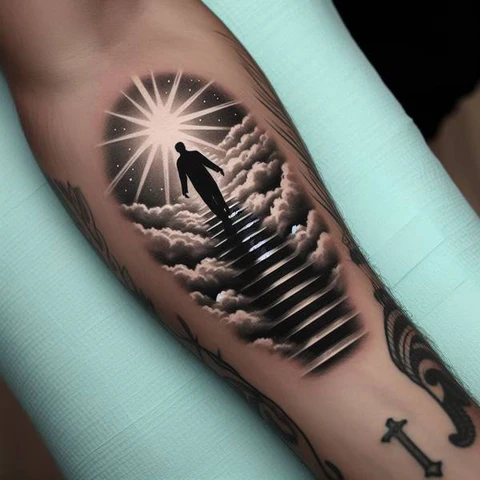 14 Sensational Stairway To Heaven Tattoo Ideas! 1 Monochromatic Stairway To Heaven Tattoo On Forearm