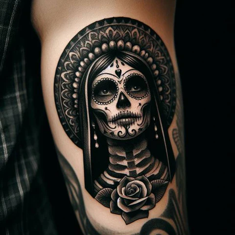 Monochrome Catrina Santa Muerte Tattoo
