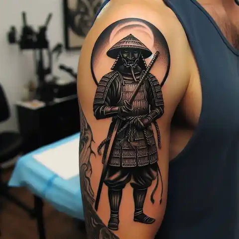 Monochrome Magnificence Stylized Japanese Warrior Tattoo