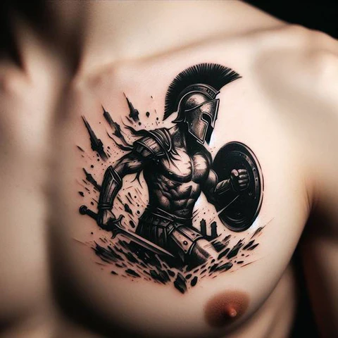 75 Meaningful Spartan Tattoo Ideas To Pump Your Blood With Adrenaline 9 Monochrome Spartan Chest Tattoo With Hyper Realistic Details