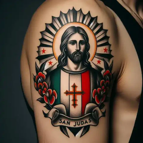 15 Sensational San Judas Tattoo Ideas 27 Neoclassical San Judas Flag Tattoo