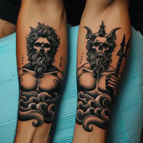 16 Peaceful Poseidon Tattoo Ideas To Control Your Emotions! 26 Peek Of DeatShaded Poseidon And Skull Tattoo With A Twist