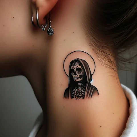 Personal Santa Muerte Neck Tattoo