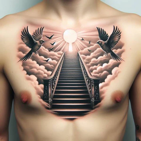 14 Sensational Stairway To Heaven Tattoo Ideas! 4 Radiant Stairway To Heaven Chest Tattoo 2