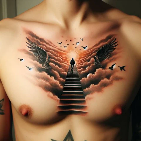 14 Sensational Stairway To Heaven Tattoo Ideas! 3 Radiant Stairway To Heaven Chest Tattoo