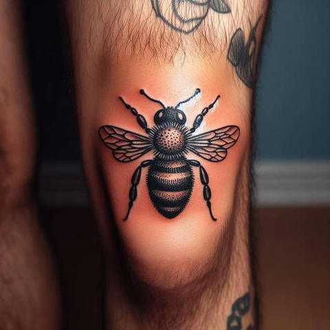 Realistic Above The Knee Bee Tattoo