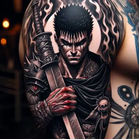 Realistic Berserk Manga Tattoo With An Aggressive Portrayal Of Guts