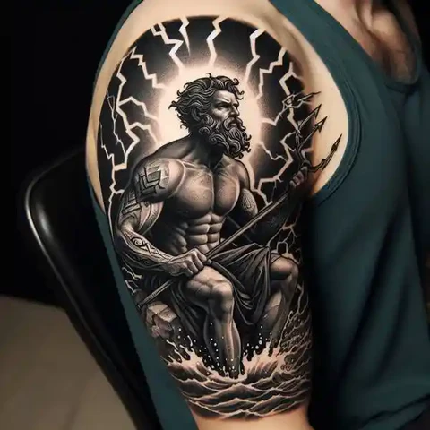 16 Peaceful Poseidon Tattoo Ideas To Control Your Emotions! 5 Release Of Elemental Powers Thunderous Poseidon Greek God Tattoo