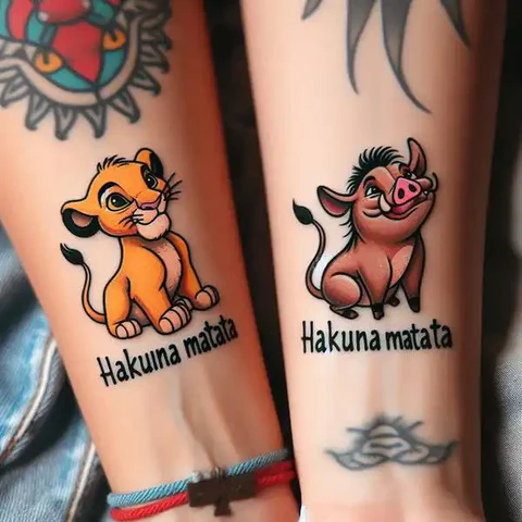 20 Stunning Sibling Tattoo Ideas To Go Back In Time! 25 Releasing Your Worries Colorful Siblings Hakuna Matata Tattoo