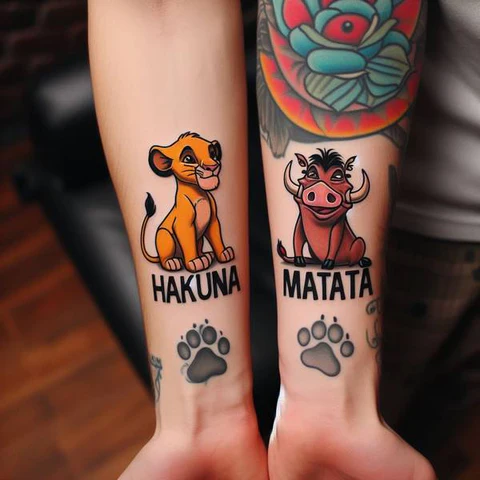 20 Stunning Sibling Tattoo Ideas To Go Back In Time! 26 Releasing Your Worries2 Colorful Siblings Hakuna Matata Tattoo