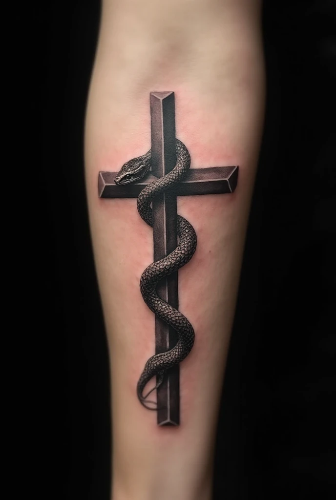 Religious Cross With Snake Tattoo