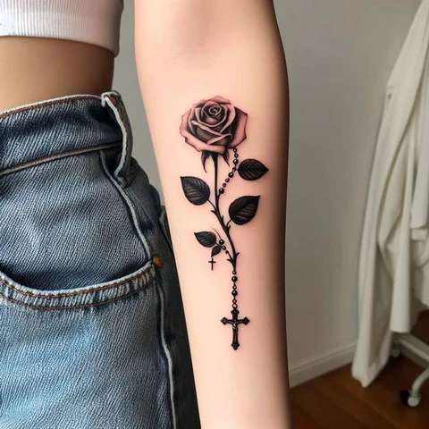Rose With Rosary Tattoo 2