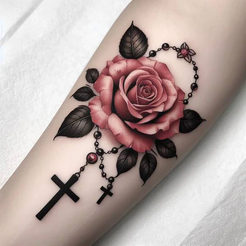 Rose With Rosary Tattoo