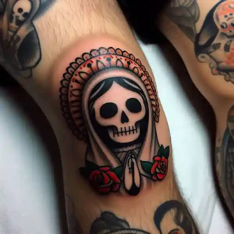 Santa Muerte Kneecap Tattoo With Splashes Of Blood