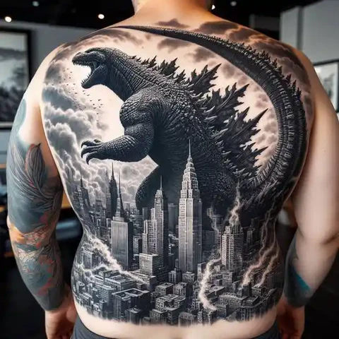 Scenic Magnificence Realistic Godzilla Tattoo On Back 2