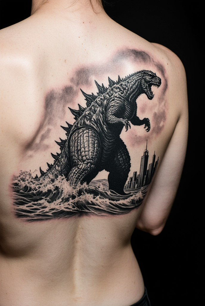 Scenic Magnificence Realistic Godzilla Tattoo On Back