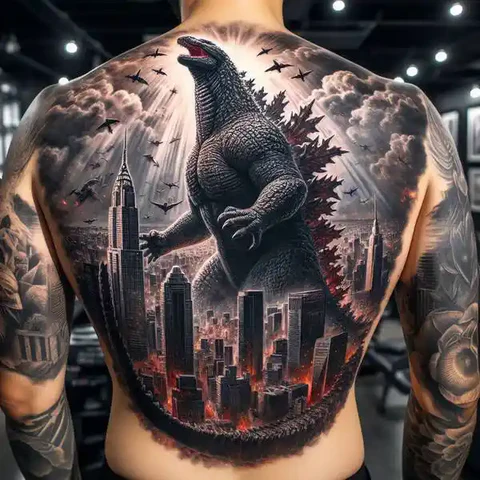 Scenic Magnificene Realistic Godzilla Tattoo On Back