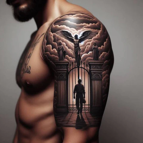 13 Glorious And Meaningful Gates of Heaven Tattoo Ideas 9 Shaded Gates Of Heaven Tattoo On Arm
