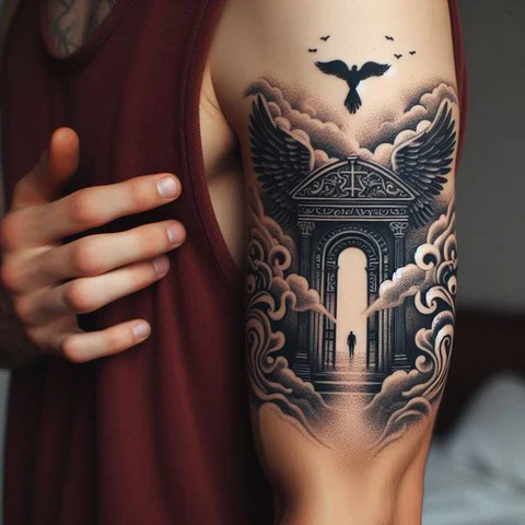 13 Glorious And Meaningful Gates of Heaven Tattoo Ideas 10 Shaded Gates Of Heaven Tattoo On Arm2
