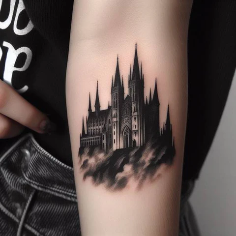 Shaded Gothic Castle Tattoo