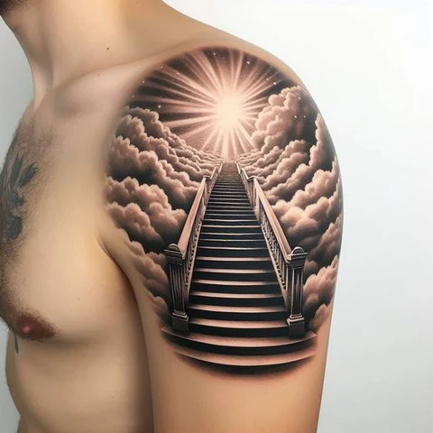 14 Sensational Stairway To Heaven Tattoo Ideas! 11 Shaded Stairway To Heaven Shoulder Tattoo