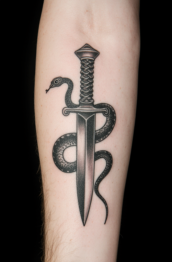 Sharp Knife And Snake Tattoo