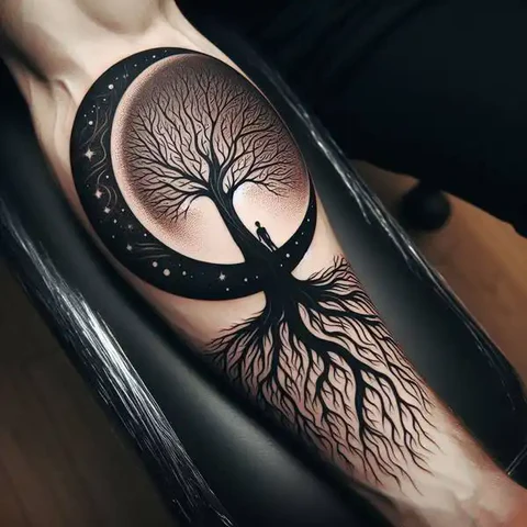 23 Fearless Family Tree Tattoo Ideas 25 Shimmering Family Tree And Moon Tattoo2