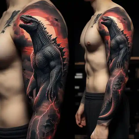 Splash Of Light Highly Stylized Godzilla Tattoo On Sleeve 2